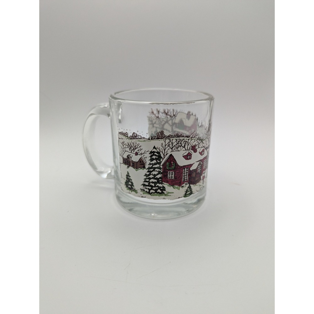 Vtg Glass Mug Christmas Village Scene Winter Cabin Horse Sleigh Libbey Drinkware